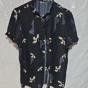 Tahari Black and White Button Down Shirt with Crane Print